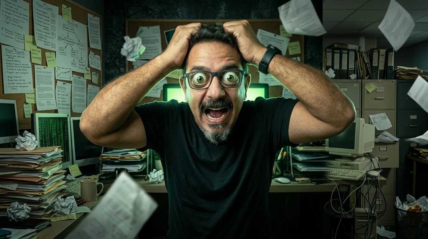 Gestor cansado, com a mão no rosto, encarando o laptop